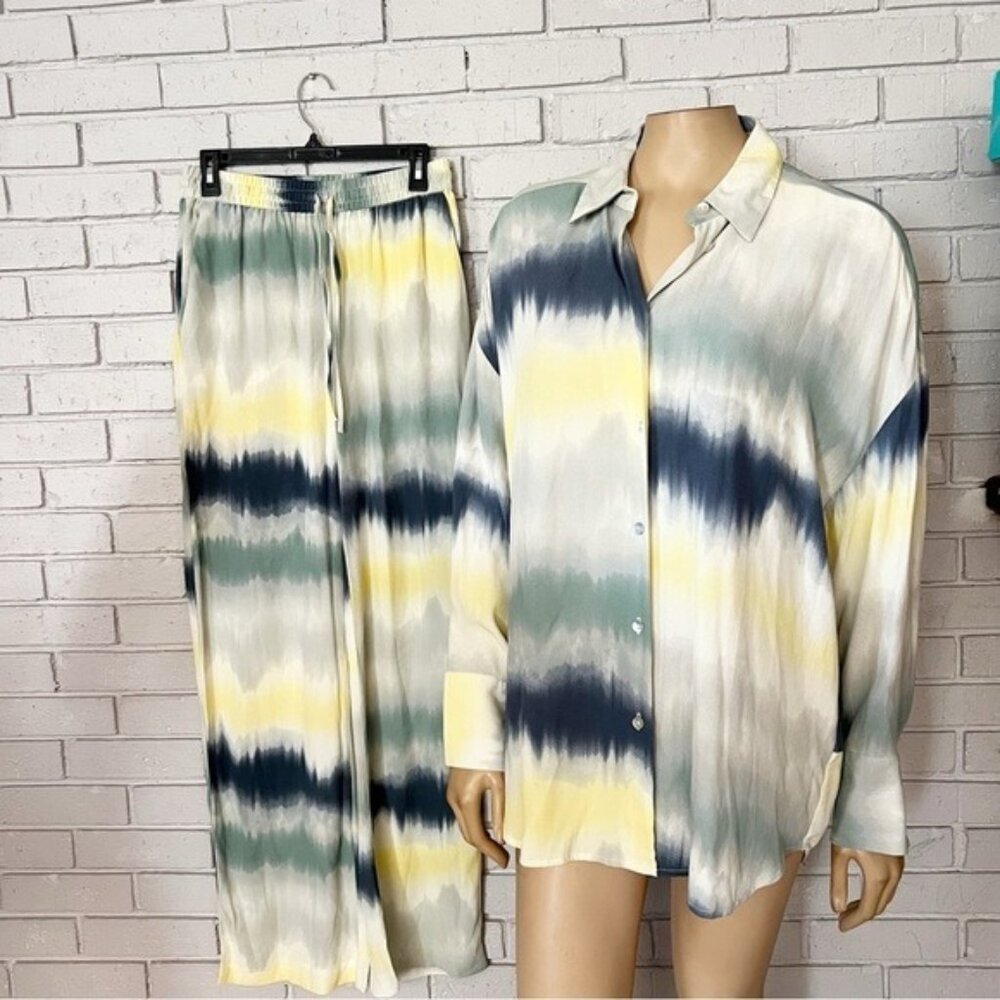 Zara Women’s Fluid‎ Tie‑Dye Set – Satin‑Effect Top & Wide‑Leg Pants - Medium